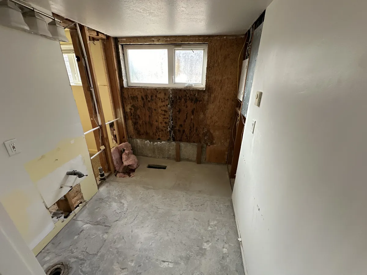 Bathroom gutted to the studs and subfloor with the fixtures removed